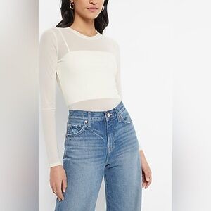 Express Mesh Crew Neck Long Sleeve Thong Bodysuit